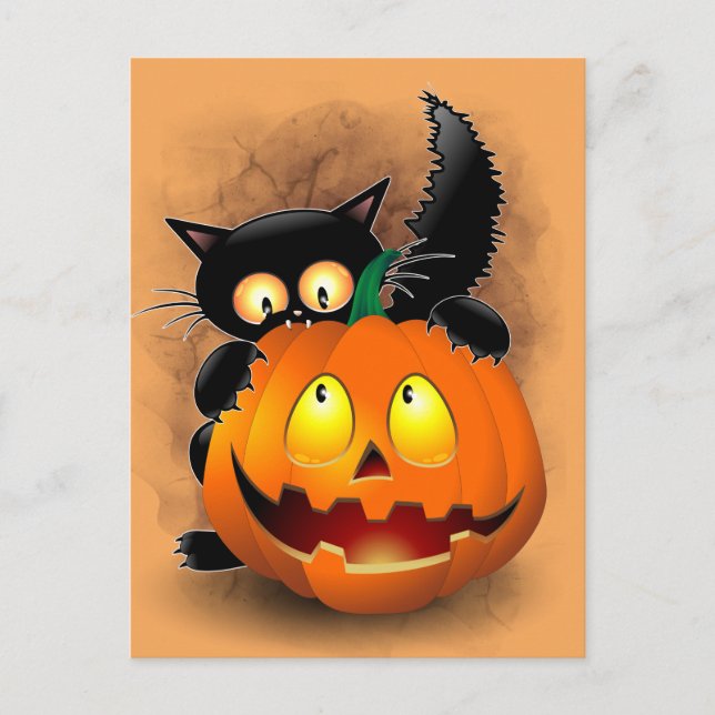 Cat Fun Halloween Character biting a Pumpkin  Postcard (Front)