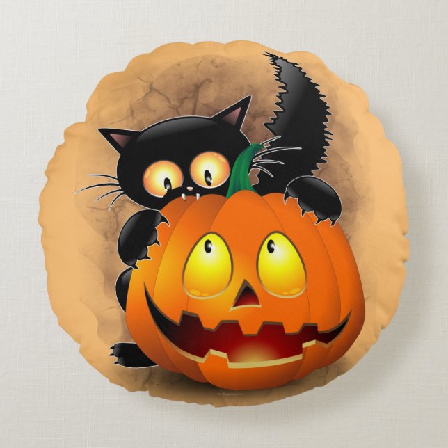 Cat Fun Halloween Character biting a Pumpkin Round Cushion (Front)