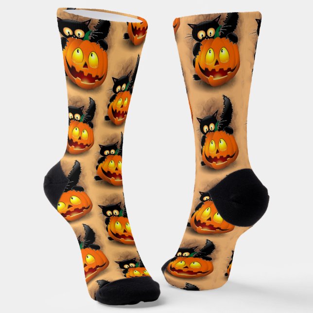 Cat Fun Halloween Character biting a Pumpkin Socks (Angled)