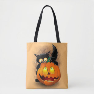 Cat Fun Halloween Character biting a Pumpkin Tote Bag