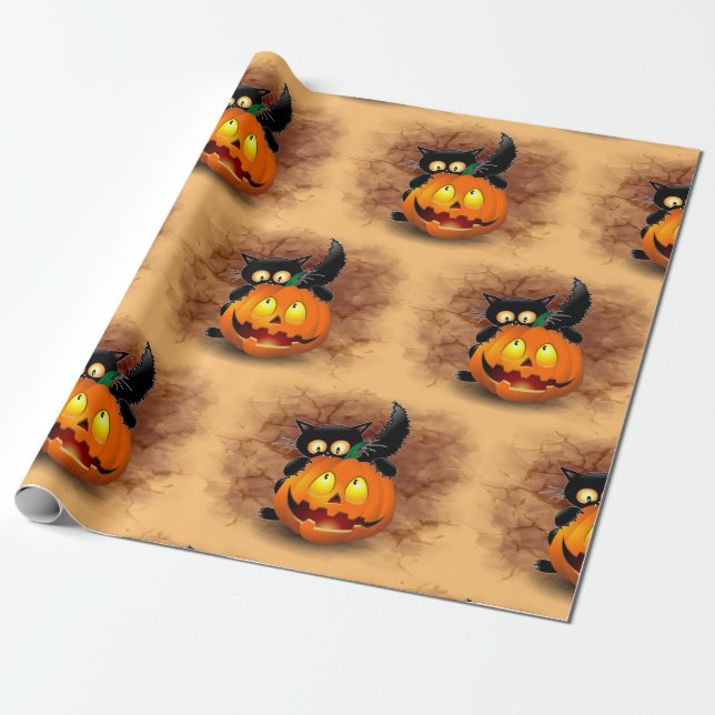 Cat Fun Halloween Character biting a Pumpkin Wrapping Paper (Unrolled)