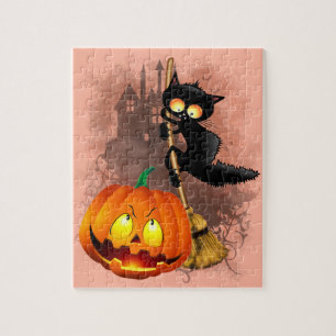 Cat Fun Halloween Character scared by a Pumpkin  Jigsaw Puzzle