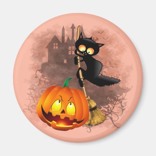 Cat Fun Halloween Character scared by a Pumpkin  Magnet (Front)