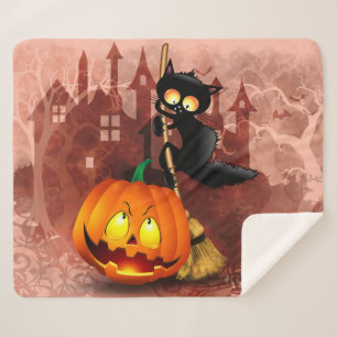 Cat Fun Halloween Character scared by a Pumpkin  Sherpa Blanket