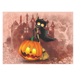 Cat Fun Halloween Character scared by a Pumpkin  Tablecloth