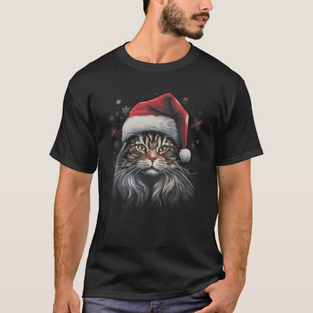 Cat Funny Christmas Santa Hat Lights Tree Matching T-Shirt (Front)