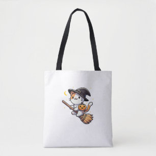 Cat Funny Witch Halloween Costume Broom Stick Boys Tote Bag