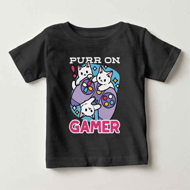  Cat Gamer Design - Purr On Gamer Joystick Art Baby T-Shirt (Front)