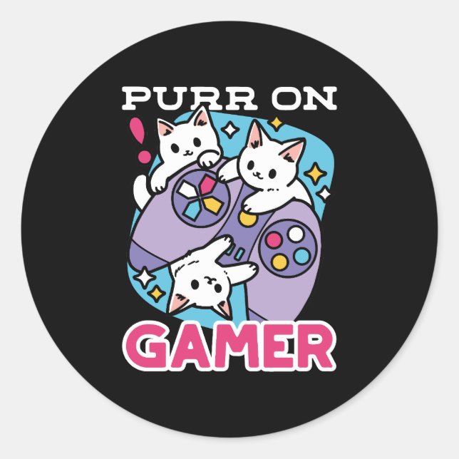  Cat Gamer Design - Purr On Gamer Joystick Art Classic Round Sticker (Front)