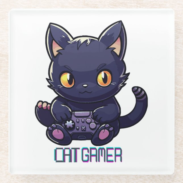 Cat Gamer Glass Coaster (Front)