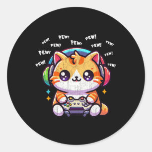 Cat Gamer Pew Funny Video Games Vintage Boys Men G Classic Round Sticker