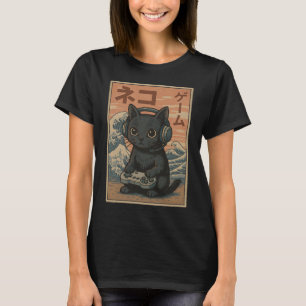 Cat Gamer Ukiyo-E Style Illustration Design T-Shirt