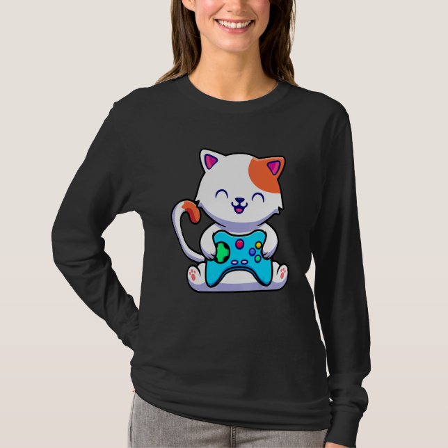 Cat Gaming With Game Console T-Shirt (Front)