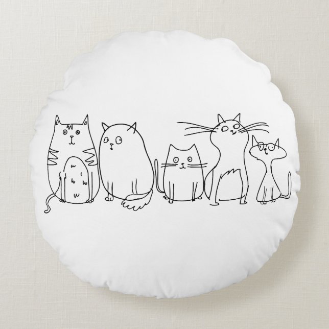 Cat gang Line Art Cartoon illustration Round Cushion (Front)