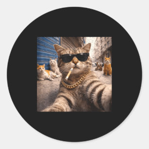 Cat Gangster Street Cats Selfie Funny Meme Humor M Classic Round Sticker