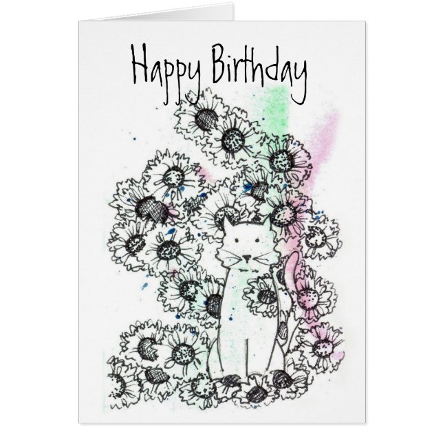 Cat Garden Flowers Black White Happy Birthday (Front)