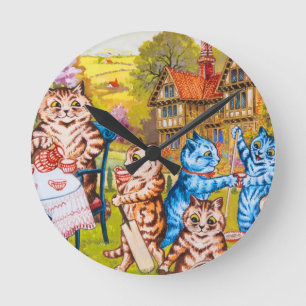 Cat Garden Party Round Clock