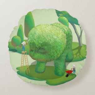 Cat Gardeners and Green Animal Bush Round Cushion
