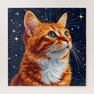 Cat Gazing at a Starry Cosmic Night Sky Jigsaw Puzzle
