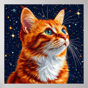 Cat Gazing at a Starry Cosmic Night Sky Poster