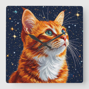 Cat Gazing at a Starry Cosmic Night Sky Square Wall Clock
