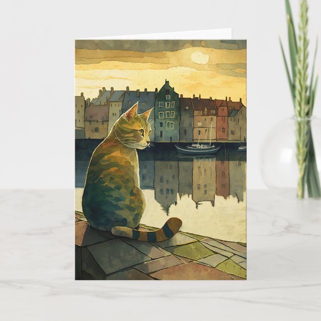 Cat Gazing at Danish Buildings Across Water Thank You Card (Front)
