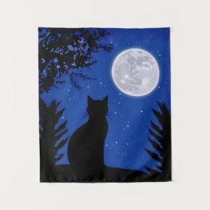 Cat Gazing at the Full Moon Tapestry