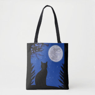 Cat Gazing at the Full Moon Tote Bag