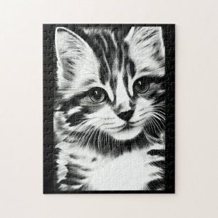 Cat gazing in black and white kitty voices jigsaw puzzle