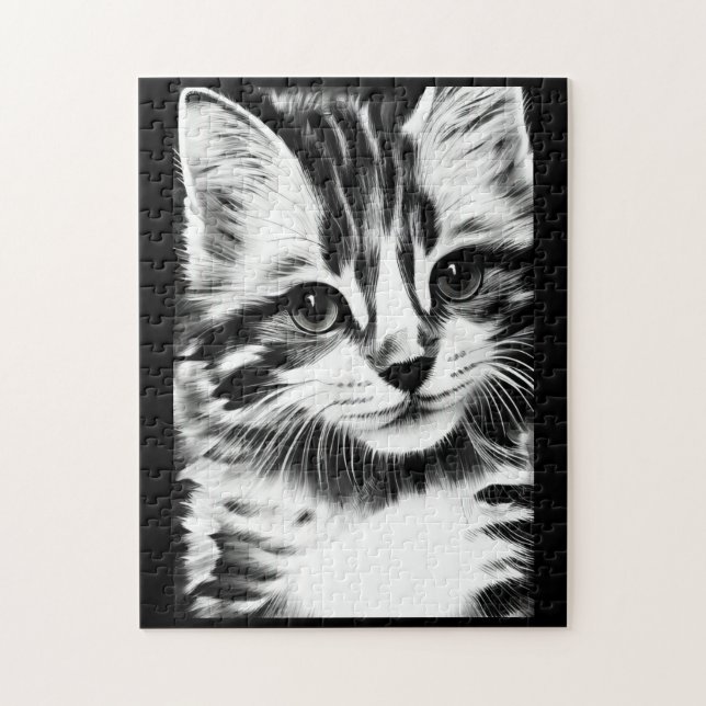Cat gazing in black and white kitty voices jigsaw puzzle (Vertical)