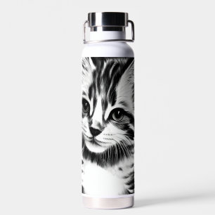 Cat gazing in black and white kitty voices water bottle