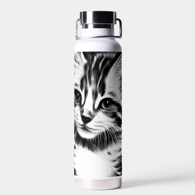 Cat gazing in black and white kitty voices water bottle (Back)