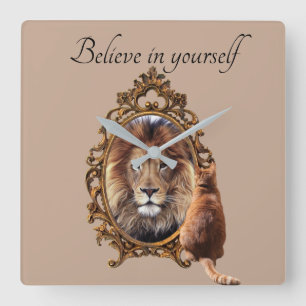 Cat gazing mirror lion inspirational quote vintage square wall clock