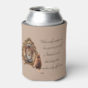 Cat Gazing Mirror Lion Inspirational Text Vintage  Can Cooler