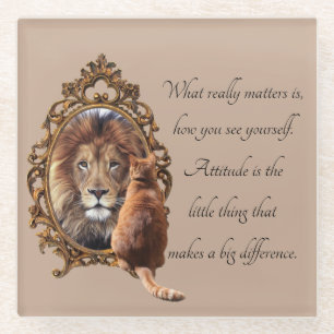 Cat Gazing Mirror Lion Inspirational Text Vintage Glass Coaster