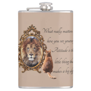Cat Gazing Mirror Lion Inspirational Text Vintage  Hip Flask