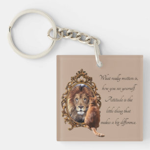 Cat Gazing Mirror Lion Inspirational Text Vintage Key Ring