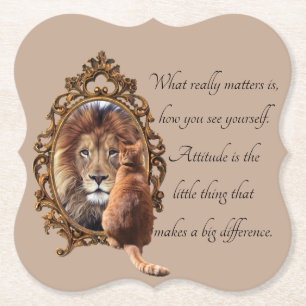 Cat Gazing Mirror Lion Inspirational Text Vintage Paper Coaster
