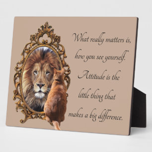 Cat Gazing Mirror Lion Inspirational Text Vintage Plaque