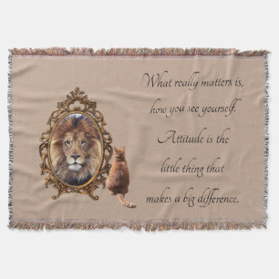 Cat Gazing Mirror Lion Inspirational Text Vintage Throw Blanket