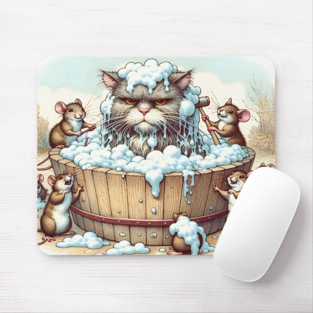 Cat Getting A Bath Mouse Pad (With Mouse)