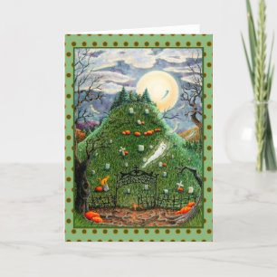 CAT GHOSTS IN NINE LIVES CEMETERY SPOOKY ART Blank Holiday Card