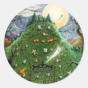CAT GHOSTS IN NINE LIVES CEMETERY, SPOOKY FOLK ART CLASSIC ROUND STICKER