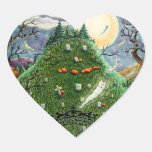CAT GHOSTS IN NINE LIVES CEMETERY, SPOOKY FOLK ART HEART STICKER