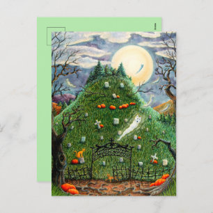 CAT GHOSTS IN NINE LIVES CEMETERY, SPOOKY FOLK ART HOLIDAY POSTCARD