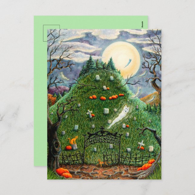 CAT GHOSTS IN NINE LIVES CEMETERY, SPOOKY FOLK ART HOLIDAY POSTCARD (Front/Back)