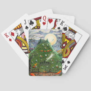 CAT GHOSTS IN NINE LIVES CEMETERY, SPOOKY FOLK ART PLAYING CARDS