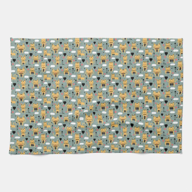 Cat Gift | Cute Cat Pattern Childish Tea Towel (Horizontal)
