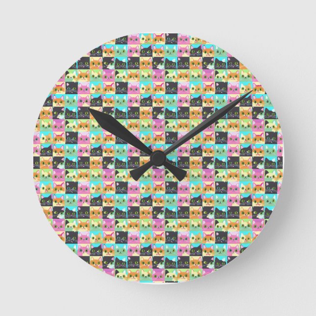 Cat Gift | Cute Kawaii Cat Pattern Round Clock (Front)