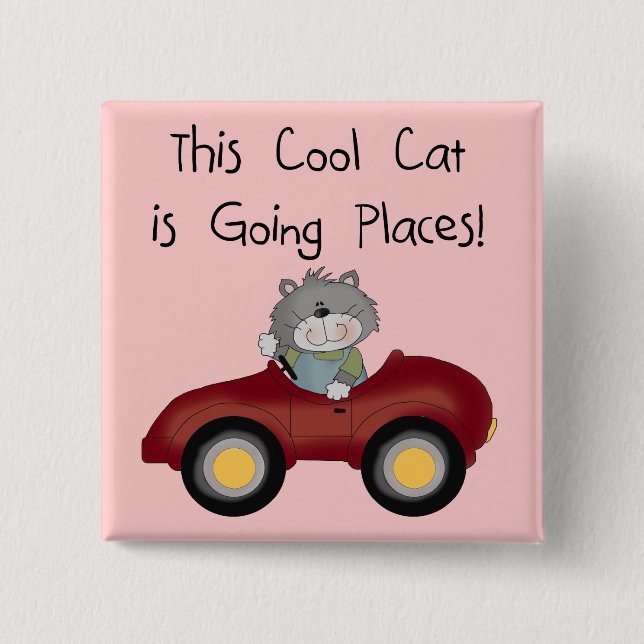 Cat Going Places Red Car tshirts and Gifts 15 Cm Square Badge (Front)